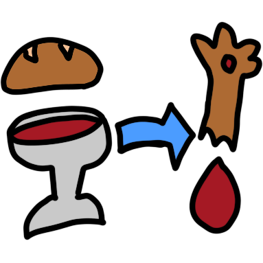 a loaf of bread and chalice of red wine, with an arrow pointing from them to a brown forearm with a pierced hand and a big drop of blood.